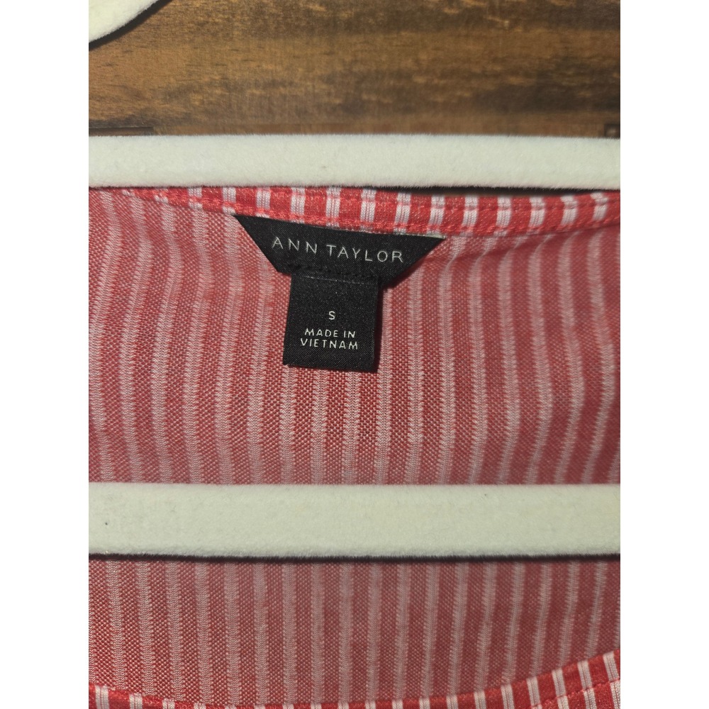Ann Taylor Red White Striped Tie Waist Peplum Blouse Scoop Neck Bishop Sleeve - Picture 4 of 4